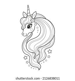 Cute cartoon unicorn head with long mane. Black and white linear drawing. For children's design of coloring books, prints, posters, stickers, cards, tattoos and so on. Vector