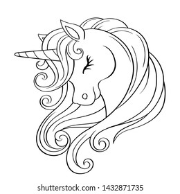 Cute cartoon unicorn head with mane. Black and white vector  illustration for coloring book