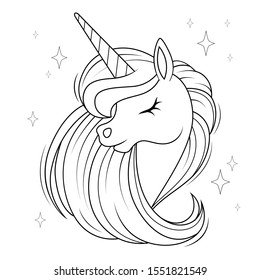 Cute cartoon unicorn head with mane. Black and white vector  illustration for coloring book