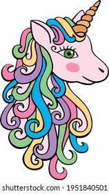 Cute cartoon unicorn head with rainbow mane,isolated on white background, vector