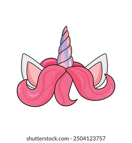 Linda cabeza de unicornio de dibujos animados con cuerno de arco iris y melena rosa. Cabeza de unicornio de Vector sobre fondo aislado blanco