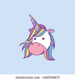 Cute Cartoon Unicorn Head Smiling Vector Illustration Siting with Blue Background