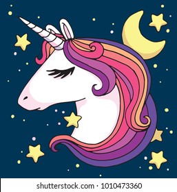 Cute cartoon unicorn head with stars and moon. Vector illustration.