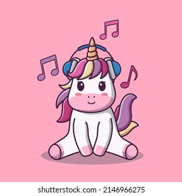 Unicornio de dibujos animados con auriculares, ilustración de dibujos vectoriales, clipart de dibujos animados