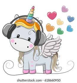 Cute Cartoon Unicorn with headphones and hearts