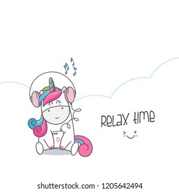 Cute Cartoon Unicorn with headphones and melodies.