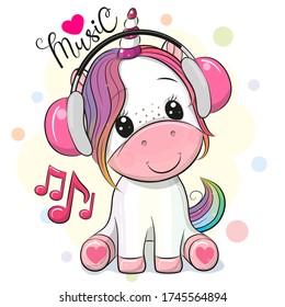 Cute Cartoon Unicorn with headphones on a white background