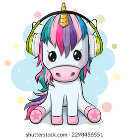 Cute Cartoon Unicorn with headphones on a white background