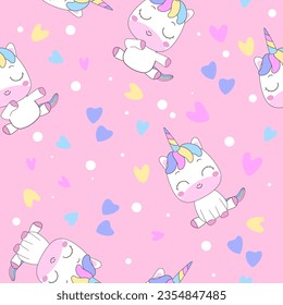 Cute cartoon unicorn, heart, circle, decorative element on a pastel pink background. Flat vector style for children. Animals. Hand drawn. Baby design for fabric. Print. Wrapping paper.