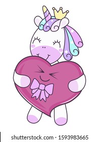 Cute Cartoon Unicorn cartoon with heart, isolated on white. White Unicorn  for on children design. Sweet fantasy character for t-shirts and cards.