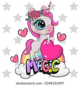 Cute Cartoon Unicorn with heart and rainbow on a stars background