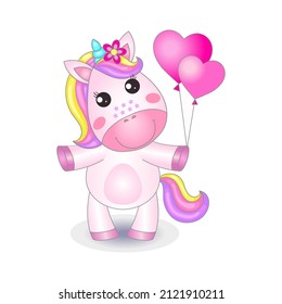 Cute cartoon unicorn with heart shaped balloons. Fantasy animal. For children's design of prints, posters, cards, stickers, cards and so on. Vector