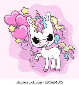 Cute cartoon unicorn with heart shaped balloon. For children's design of cards, prints, posters, stickers and so on. Vector