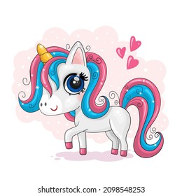 Cute Cartoon Unicorn with hearts on a color background. Good for greeting cards, invitations, decoration, Print for Baby Shower etc.
