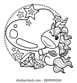 A cute, cartoon unicorn holding a big heart. Black and white childrens illustration Doodle style. For the design of coloring books, prints, posters, tattoos, stickers, clothes, badges. Vector