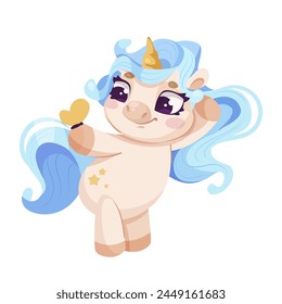 Cute cartoon unicorn holding a heart, vector illustration for children with a whimsical style on a white background, concept of love and magic. Vector illustration