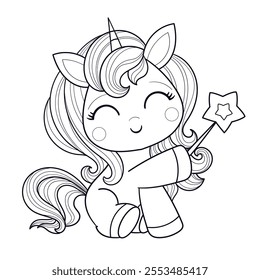 Cute cartoon unicorn holding a magic wand. Black and white line drawing. For coloring book design for kids, print, game, education, party, design, decor, cards, stickers. Vector illustration.