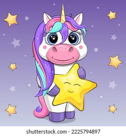 Cute cartoon unicorn holding a yellow star. Night Vector illustration of an animal on a purple background with stars.