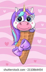 Cute cartoon unicorn ice cream cone with lilac bow. Vector illustration of an animal on a pink background.