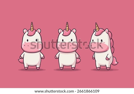 Cute Cartoon Unicorn Icon Featuring Front Side and Back Views with a Playful Design Perfect for Arts and Backgrounds Textures