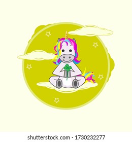 Cute cartoon unicorn illustration with clover on yellow background