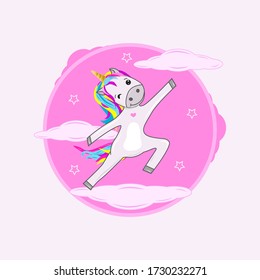 Cute cartoon unicorn illustration on pink background