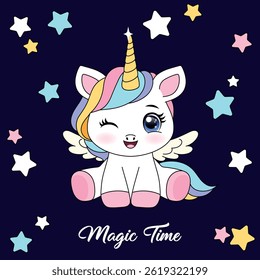 "Cute cartoon unicorn. Children’s illustrations, nursery decor, invitations, greeting cards. A hand-drawn pony with a golden horn.
"