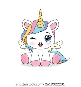 "Cute cartoon unicorn. Children’s illustrations, nursery decor, invitations, greeting cards. A hand-drawn pony with a golden horn.
"