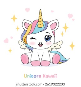 "Cute cartoon unicorn. Children’s illustrations, nursery decor, invitations, greeting cards. A hand-drawn pony with a golden horn.
"