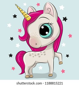 Cute Cartoon Unicorn isolated on a blue background