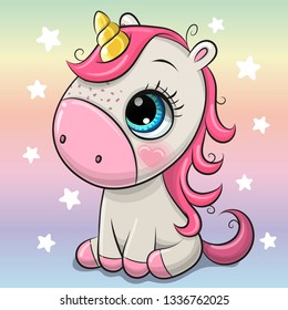 Cute Cartoon Unicorn isolated on a rainbow background