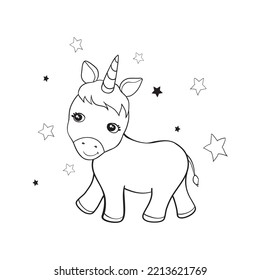 Cute Cartoon Unicorn isolated on white background. Vector illustration for coloring books