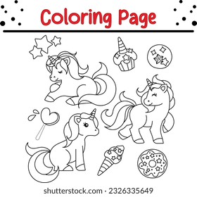 Cute Cartoon Unicorn isolated on white background. Vector illustration for coloring books