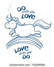 Cute cartoon unicorn jumping happily over rainbow with text. Hand drawn blue outline line art cartoon vector illustration.
