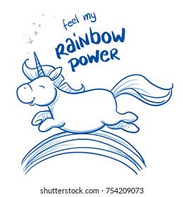 Cute cartoon unicorn jumping happily over rainbow with rainbow power text. Hand drawn blue outline line art cartoon vector illustration.