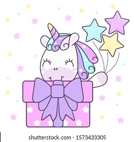 Cute Cartoon Unicorn  Kawaii animal for New year, Merry Christmas, Birthday (Pony cartoon). Fairytale horse. Perfect for kid's greeting card design. t-shirt print, inspiration poster. Romantic hand dr