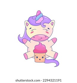 Cute Cartoon Unicorn Kawaii. Unicorn with cupcake kawaii animal sticker. Magic cute pony. Cartoon vector illustration
