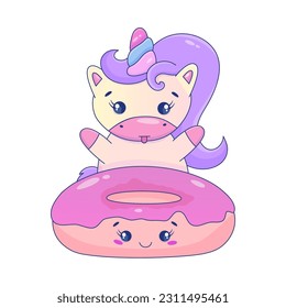 Cute Cartoon Unicorn Kawaii. Unicorn with donut kawaii animal sticker. Magic cute pony. Cartoon vector illustration