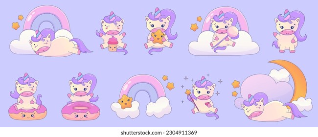 Cute Cartoon Unicorn Kawaii set. Unicorn with donut, rainbow kawaii animal sticker. Magic cute pony. Cartoon vector illustration