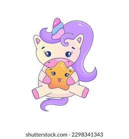 Cute Cartoon Unicorn Kawaii. Unicorn with star kawaii animal sticker. Magic cute pony. Cartoon vector illustration