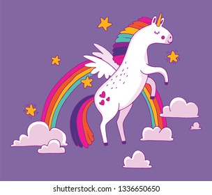 A cute cartoon unicorn leaping over a rainbow. Vector illustration. 