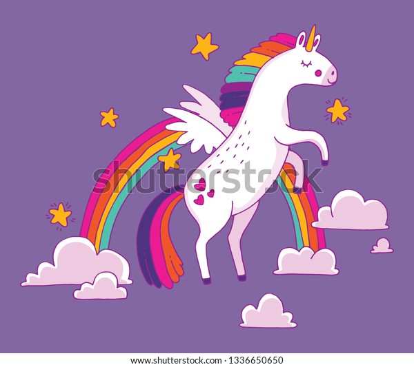 Cute Cartoon Unicorn Leaping Over Rainbow Stock Vector (Royalty Free ...