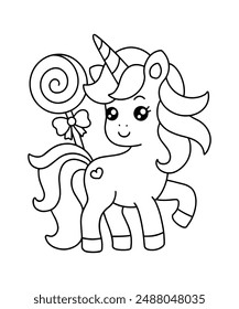 Nettes Cartoon Einhorn mit Lollypop Färbung Seite Illustration