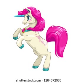 Cute cartoon unicorn with long pink hair. Vector sweet fantasy pony icon.
