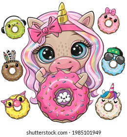 Cute Cartoon Unicorn with long pink hair and donuts