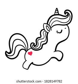 A cute cartoon unicorn is looking at the red heart shape at the end.
