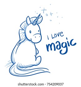Cute cartoon unicorn with magic text. Hand drawn blue outline line art cartoon vector illustration.