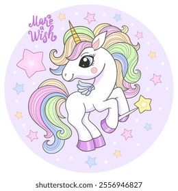 Cute cartoon unicorn with a magic wand. Inscription make a wish. For children's design of prints, posters, cards, stickers, puzzles, etc. Vector illustration