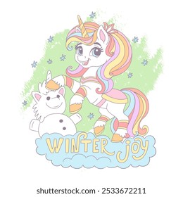 Cute cartoon unicorn making a snowman. Vector illustration in soft colors. Winter Joy lettering, Happy New Year card for children. For print, cards, invitation, sublimation, t shirt and clothes design