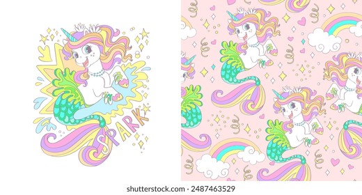 Cute cartoon unicorn mermaid with a rainbow. Isolated character and background. Vector illustration. Card and seamless pattern. For clothes, fabrics, print, design, decoration, linen, dishes